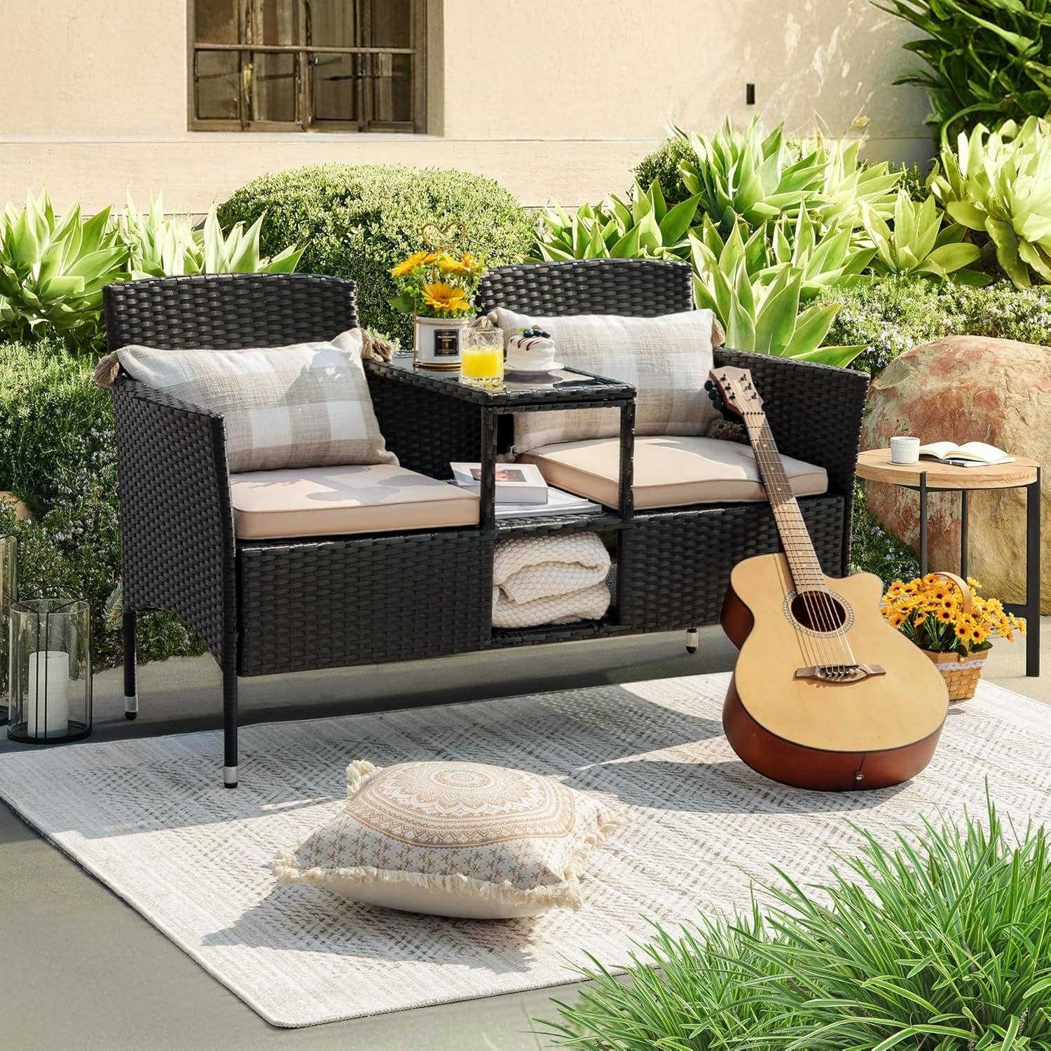 Outdoor Patio 2 Seat Loveseat Set With Built Table Beige for wholesale on Faire5