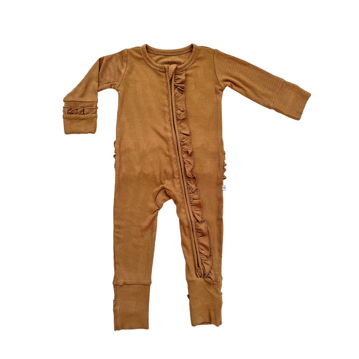 Harp Angel Boutique - Wholesale Jumpsuit - Baby - Ruffle Zipper One Piece - Caramel Ribbed0