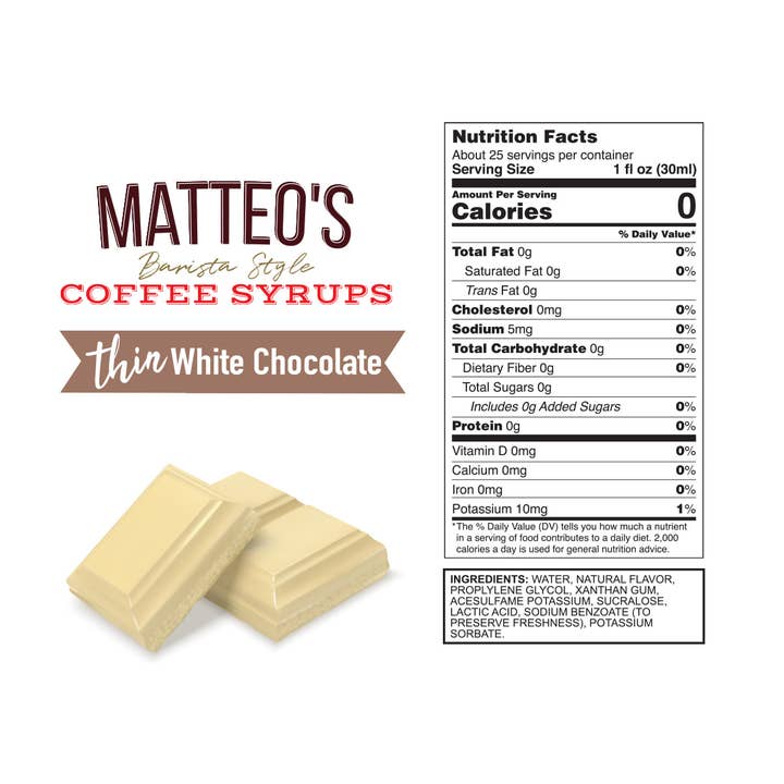 Matteo's - Wholesale Iced Coffee/Cold Brew - Matteo's Sugar Free Coffee Syrup, White Chocolate, 0 Calories, 0 Sugar, Keto Friendly4