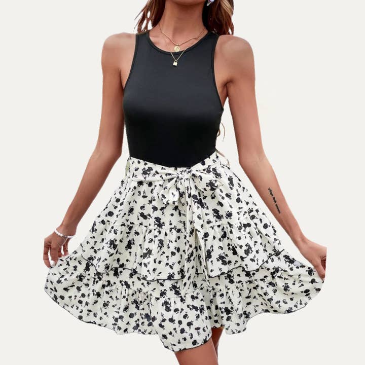Sweetness Floral Print Splicing Sleeveless Tiered Mini Dress for wholesale by The Moment Collection