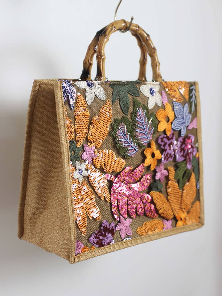 A2412BW22559 - Sac à main en toile de jute élégant avec broderie florale pour la vente par Esley Accessories