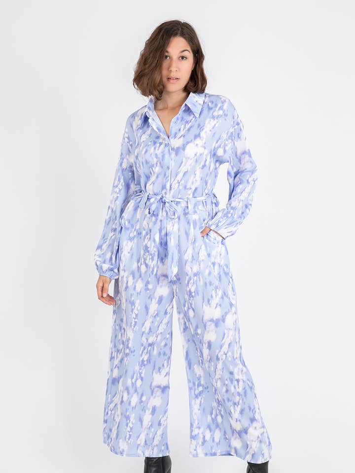 Plus size printed blue jumpsuit (C6531) for wholesale by Pomme Rouge Paris