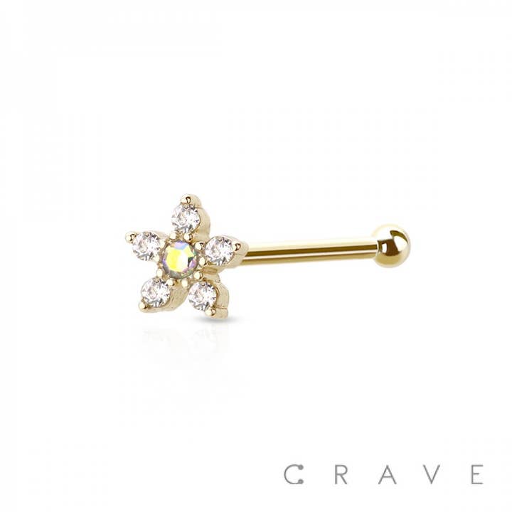 CRAVE - Wholesale Single Earring - 5 CZ FLOWER TOP 316L SURGICAL STEEL NOSE BONE STUD3