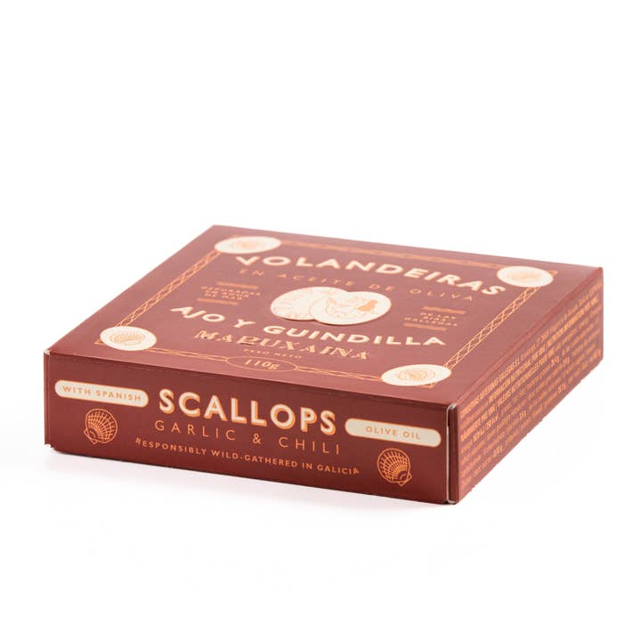 Tin Can Fish ( BELA, Cantara, Mar, Porthos, Varina ) - Wholesale Tinned Fish - Maruxaina Scallops in Olive Oil, Garlic and Chili - 3 Pack1