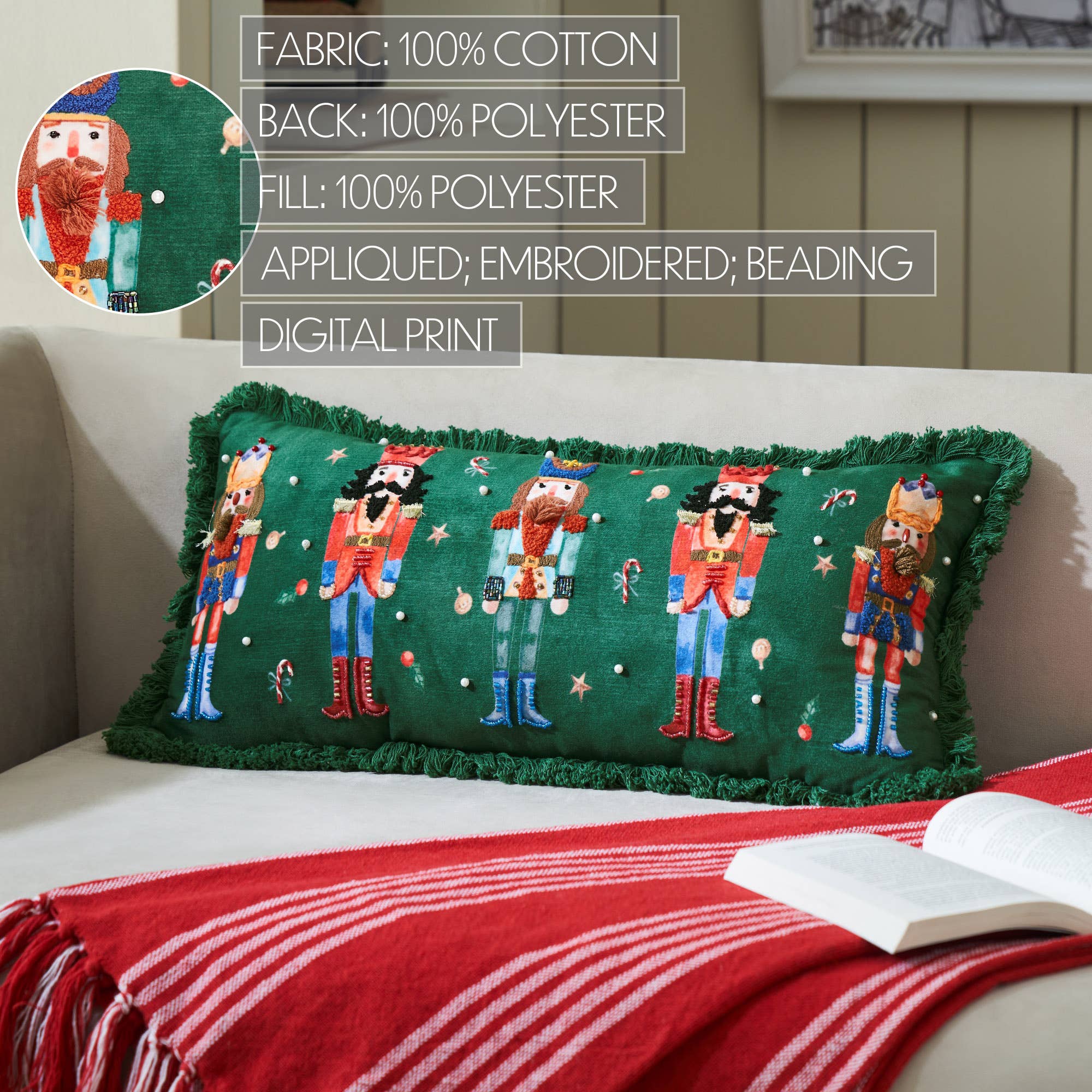 VHC Brands - Wholesale Throw/Decorative Pillow - Nutcracker Green Fringed Pillow 12x244