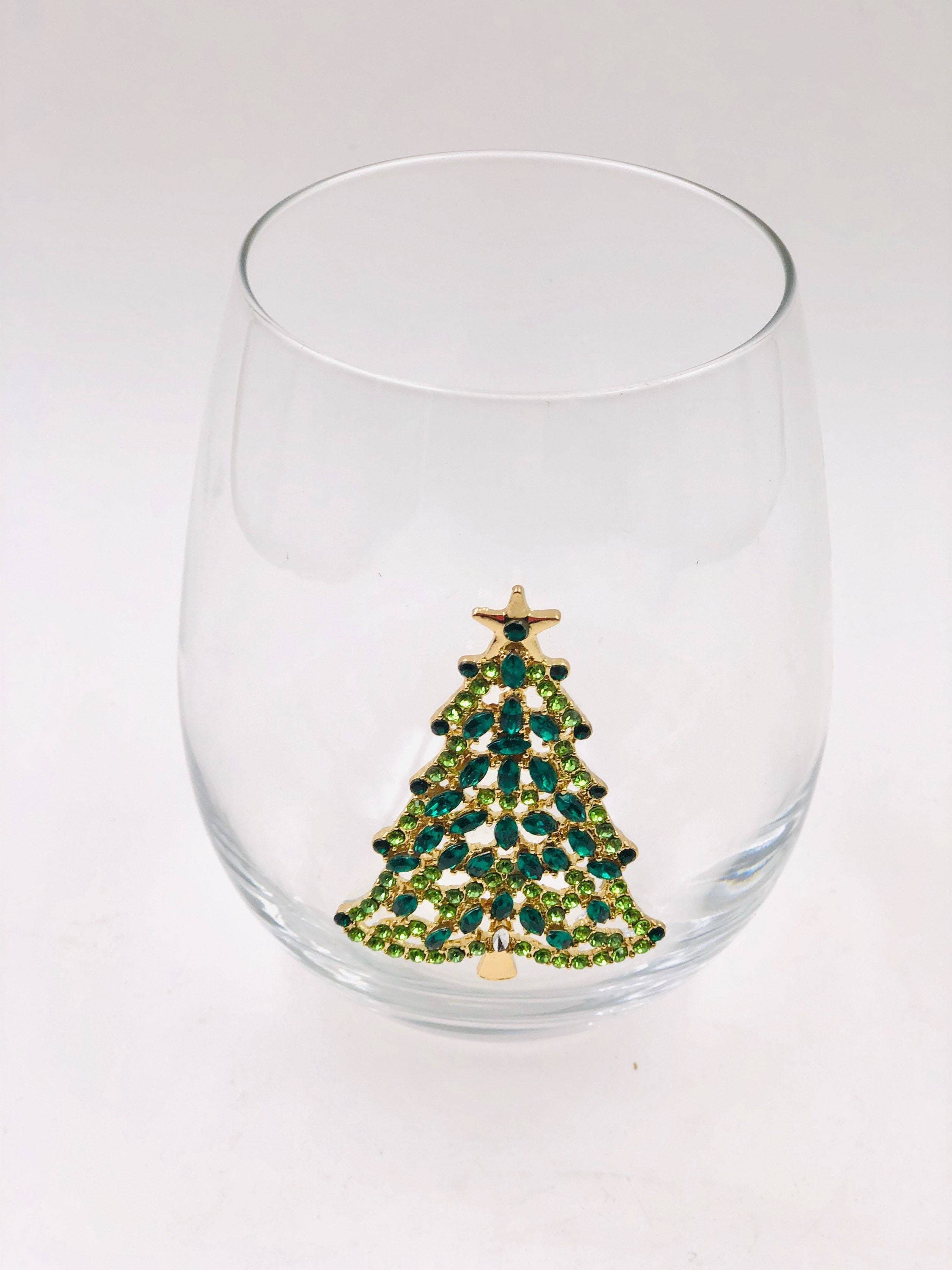 Jersey Art Glass - Wholesale Wine Glass - Bedazzled Christmas Tree Wine Glasses (Set of 2)4