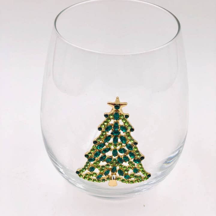 Jersey Art Glass - Wholesale Wine Glass - Bedazzled Christmas Tree Wine Glasses (Set of 2)4
