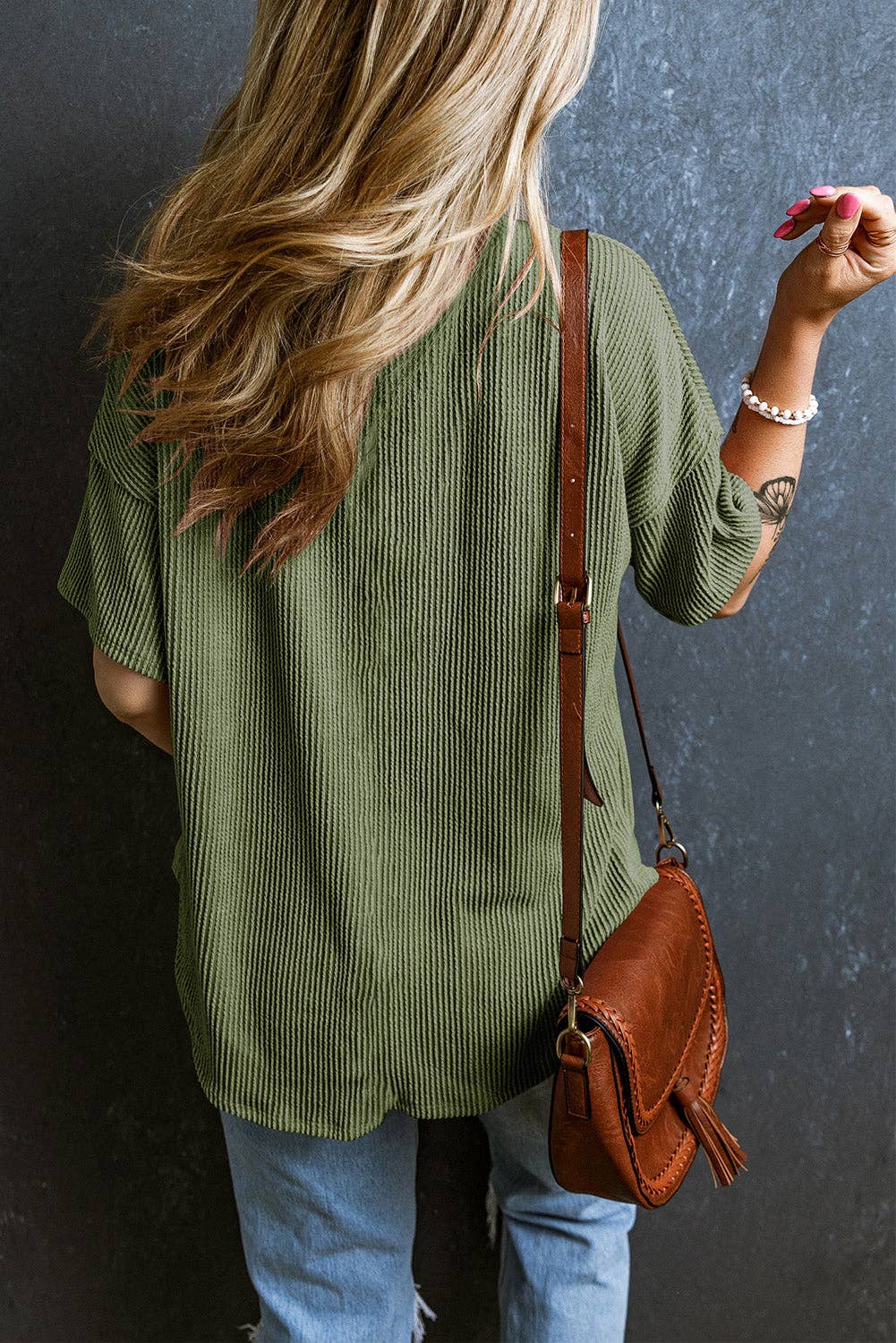 Lovesoft - Wholesale T-Shirt - Women's - Women's Valerian Corded V Neck Chest Pocket Loose T-shirt9