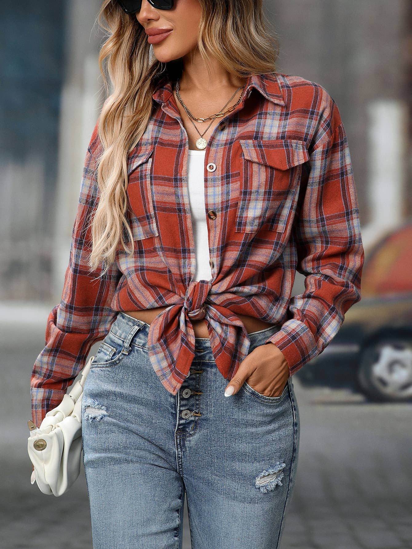 FULL TIME PURCHASE - Wholesale Button Down Shirt - Women's - Plaid Print Chest Pockets Buttoned Shirt26