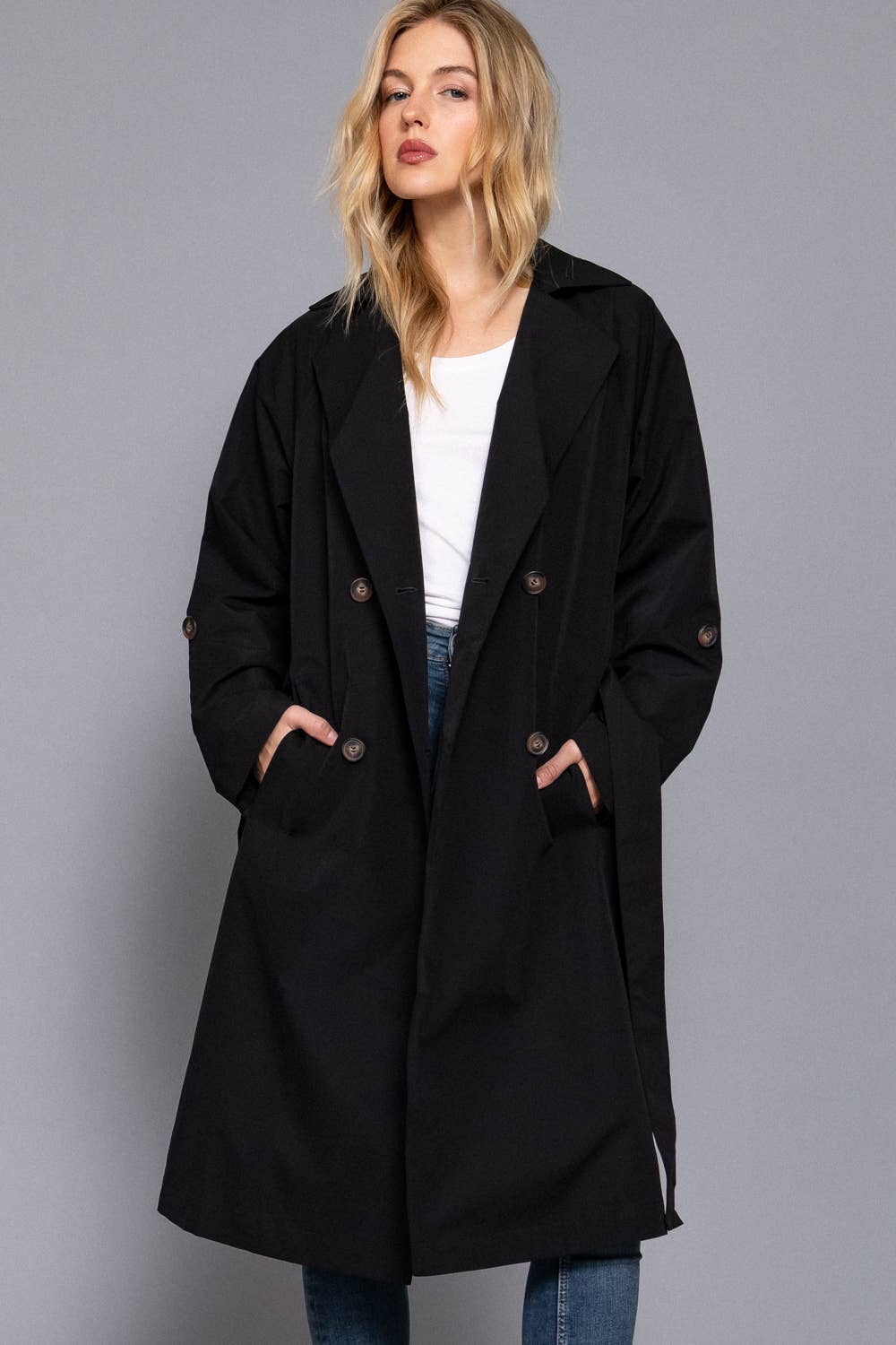 Active Basic | Active USA - Wholesale Trench Coat - Women's - Long Sleeve V-Neck Lapel Collar Trench Coat with Belt3