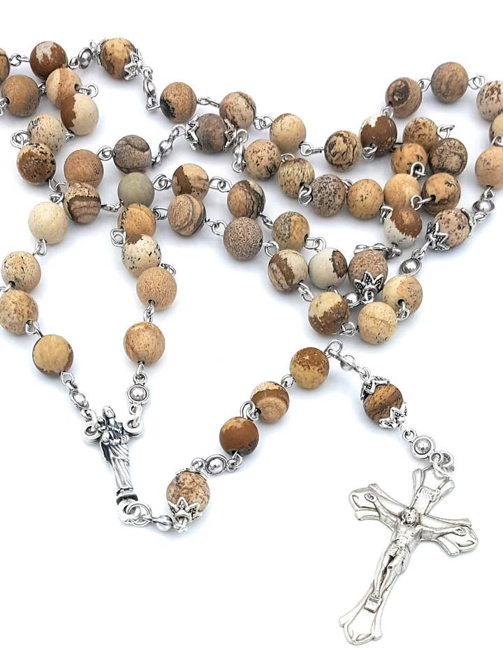 St Joseph Picture Jasper Rosary 8mm for wholesale by MG Rosary