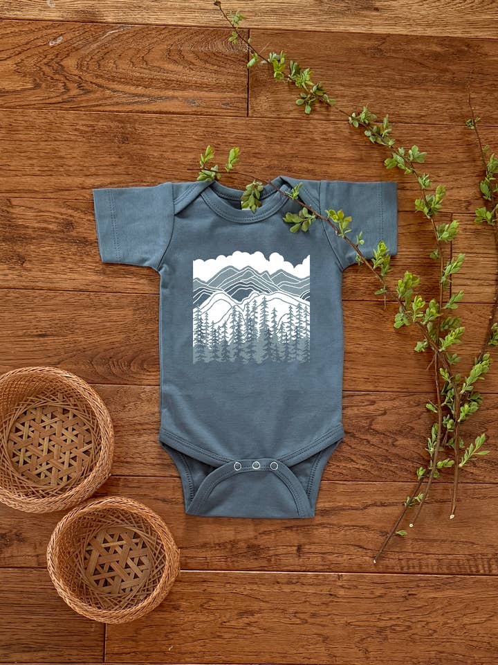 Mountains, baby bodysuit, 100% Organic Cotton for wholesale by Birds Kept North
