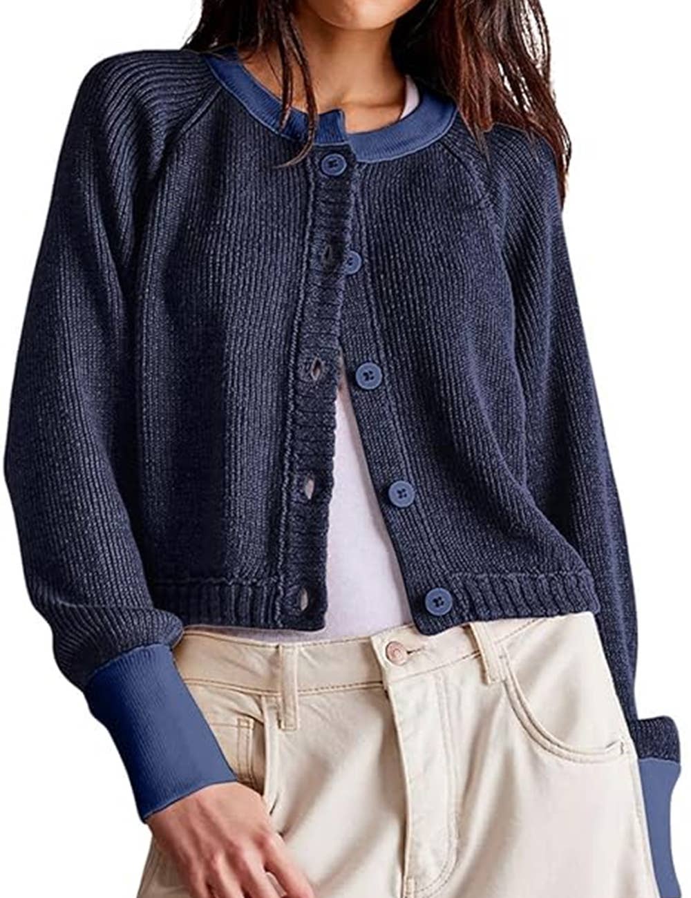 Sweetkama - Vente Cardigan – femme - Gilet à manches longues avec boutons, col rond et blocs de couleur pour femmes5