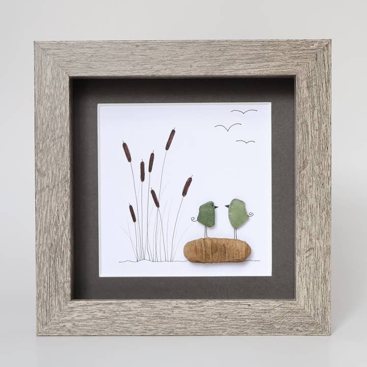 Two Sea Glass Birds on Driftwood with Cattails for wholesale by Driftsea Creations