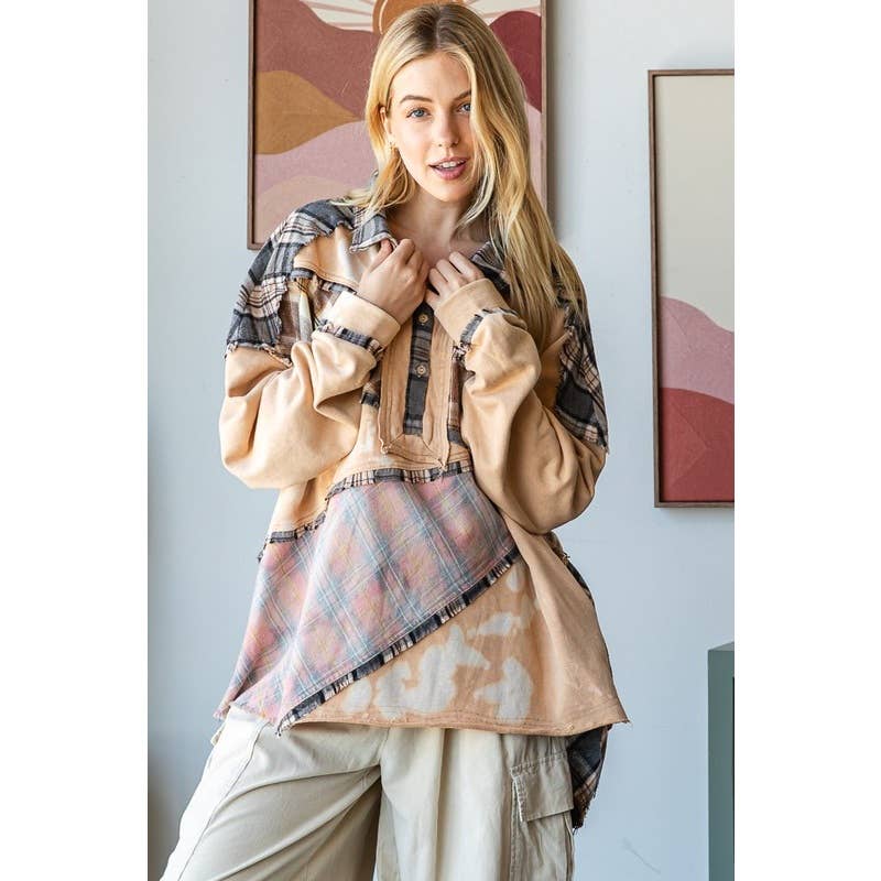 Oli&Hali - Wholesale Shirt - Women's - BLEACH DETAIL BUTTON PLACKET MIX MEDIA SHIRT0