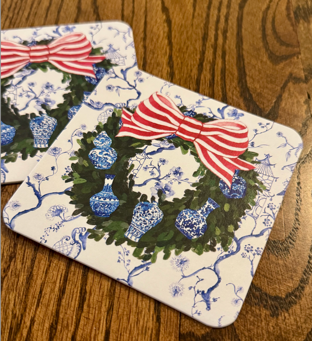 Design Carolinas - Wholesale Disposable Coasters - Chinoiserie Ginger Jar Christmas Wreath Paper Coaster Set3