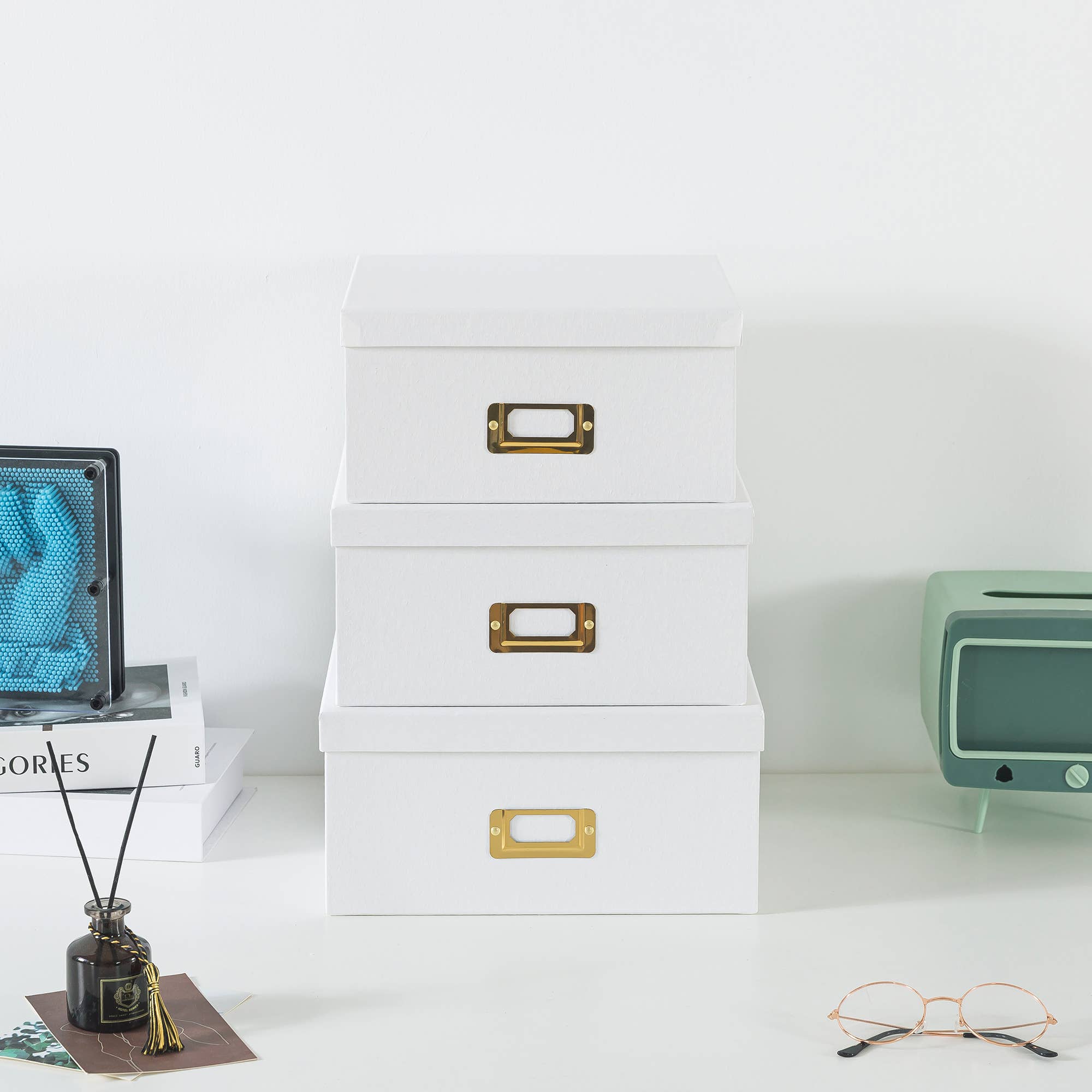 Soul & Lane - Wholesale Decorative Box - Set of 3 White Kraft Paper Box for Storage with Gold Labels1