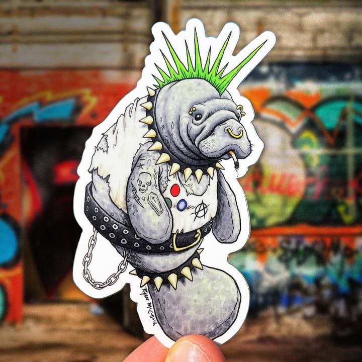 VINYL-AUFKLEBER: Punk Manatee (Punkrocker mit Mohawk) für den Großhandel von Ryan McCulloch Art