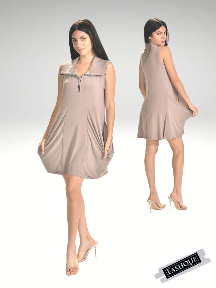 Vestido/Túnica sin mangas con bolsillo canguro, cremallera frontal y cuello - T626 para venta al por mayor de Fashque Designs