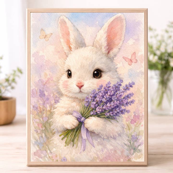 Spring Bunny Wall Art – Cute Rabbit with Lavender Watercolour Print Cottagecore Nursery Spring Decor for wholesale by WinsterCreations™