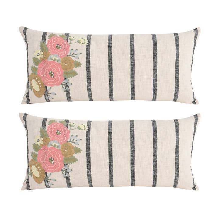 Set aus 2 Vintage-Schwarz gestreiften bestickten Kissen 16x36 für den Großhandel von Karma Living