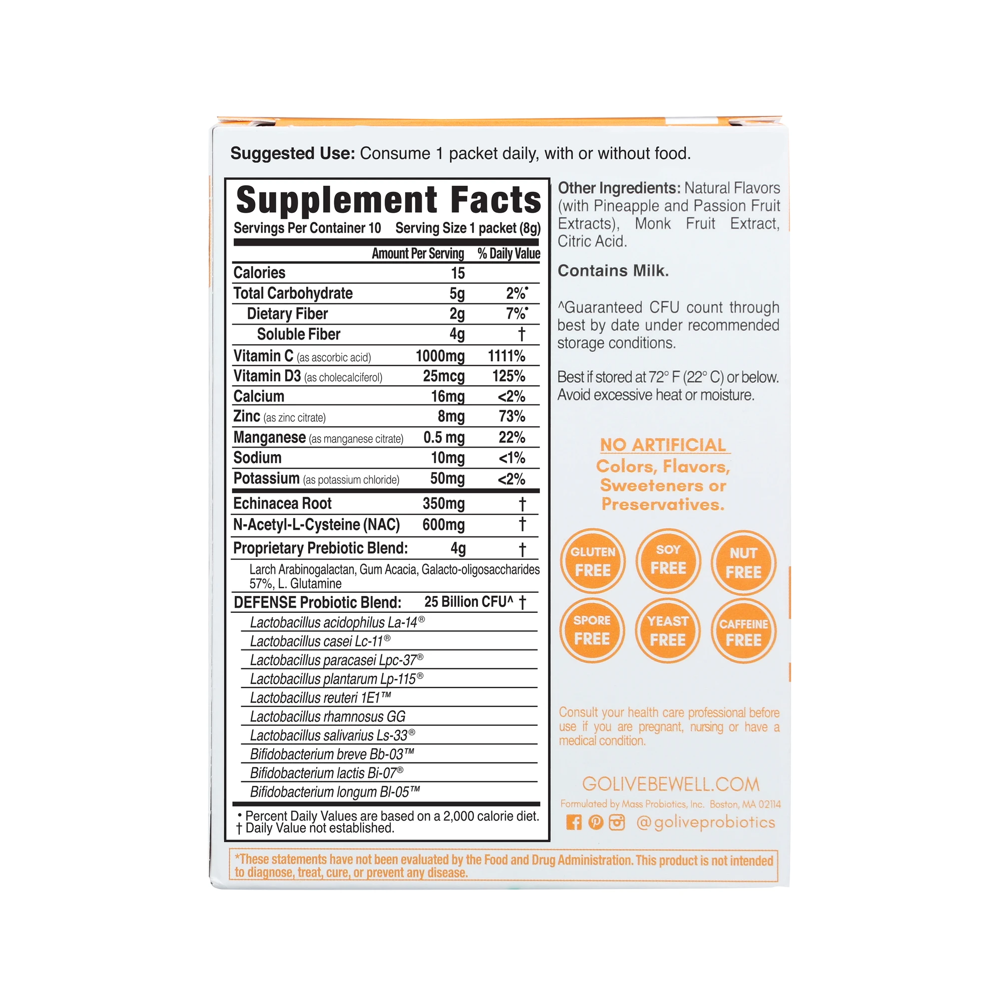 GoLive & Lively Wellness - Venta al por mayor Suplementos/vitaminas para beber - Defensa Inmunológica Sinbiótica (Probiótico + Prebiótico) 10 Sobres3