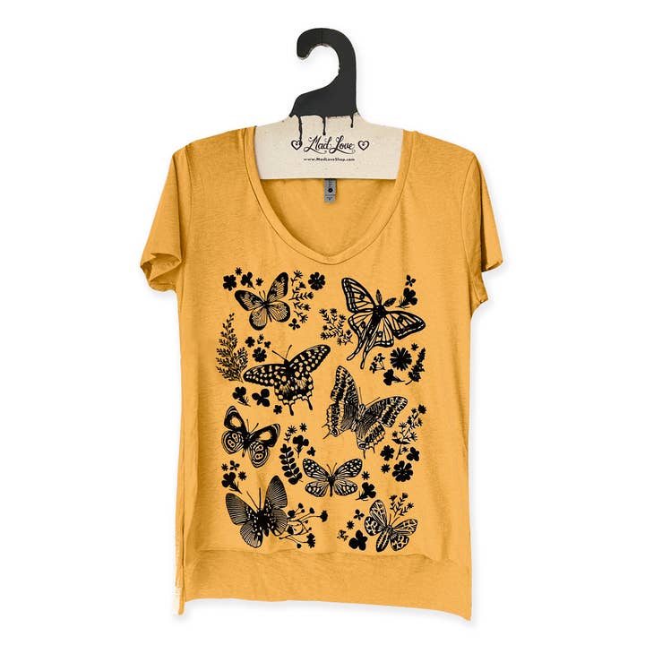 Pink, or Mustard Scoop Hi Lo Tee w/ Moths & Butterflies for wholesale by Mad Love Shop