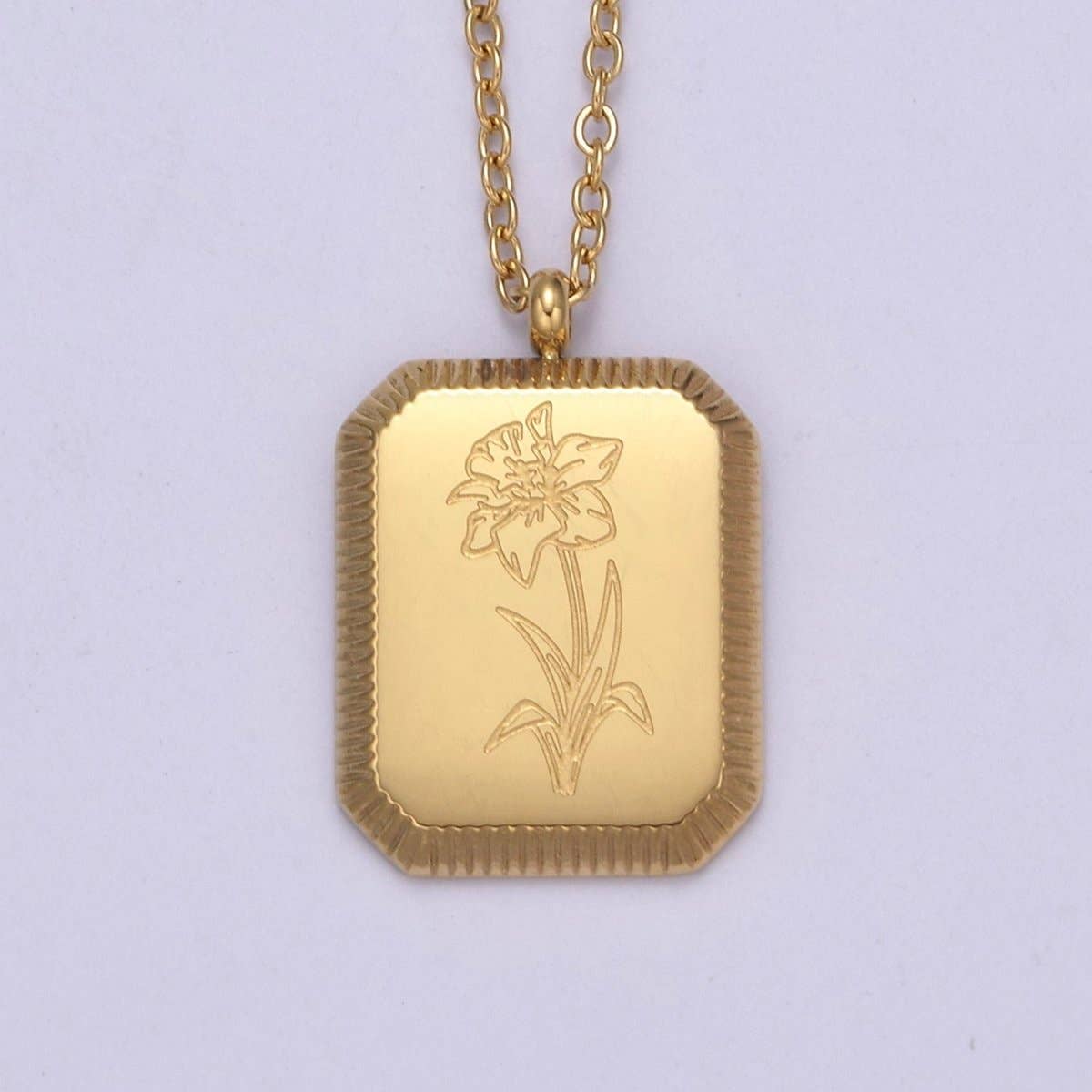 Aim Eternal - Wholesale Pendant/Charm Necklace - Gold Flower Tag Charm Engraved Floral Pendant Necklace with Cable Chain Necklace Wholesale Fashion Jewelry | WA-649 to WA-660 Clearance Pricing10