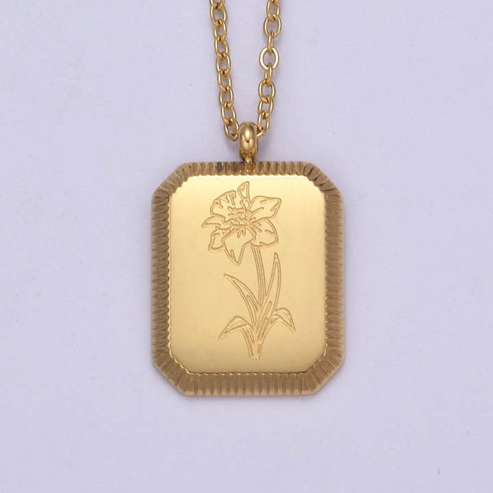 Aim Eternal - Wholesale Pendant/Charm Necklace - Gold Flower Tag Charm Engraved Floral Pendant Necklace with Cable Chain Necklace Wholesale Fashion Jewelry | WA-649 to WA-660 Clearance Pricing10
