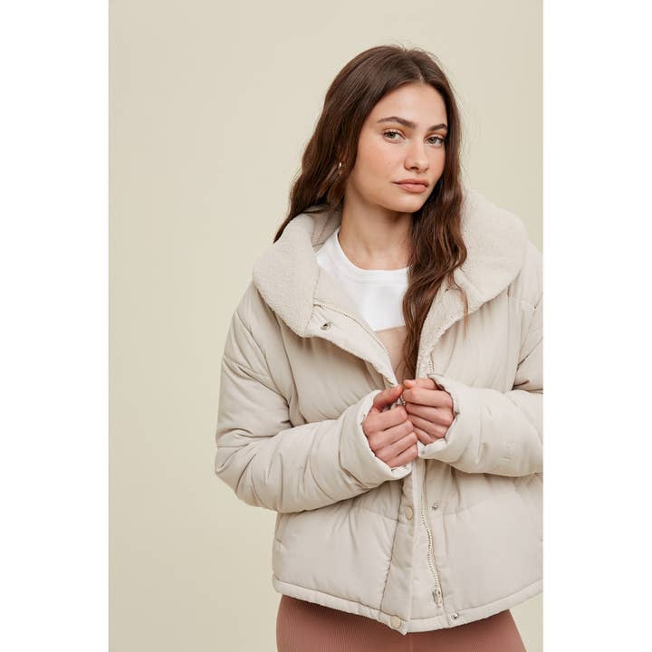ECRU PADDED JACKET WITH SHERPA COLLAR DETAIL / WL23-7738 for wholesale on Faire