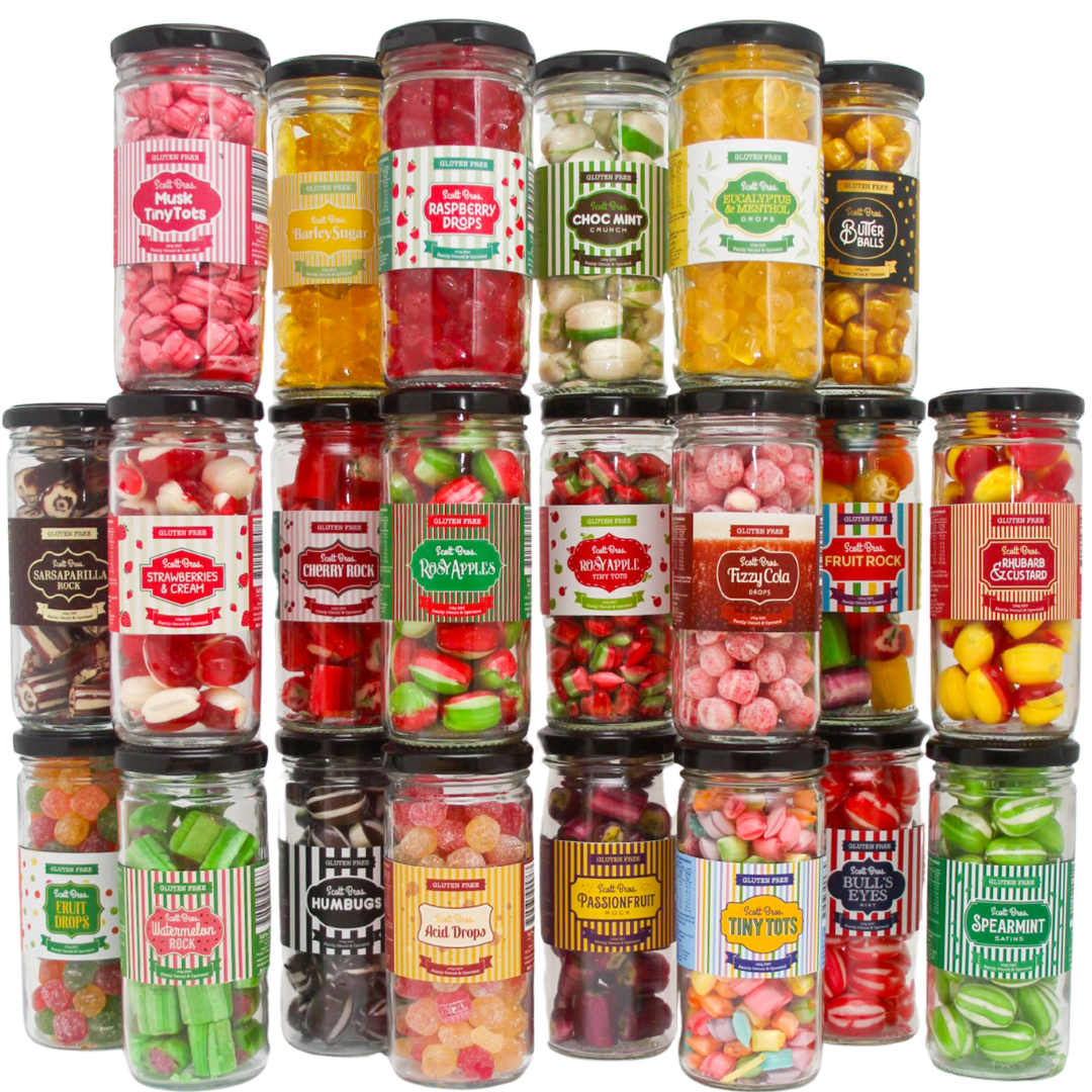 Scott Bros. CANDY - Wholesale Retailer Display - Food & Drink - 24 Flavours Floor Stand Set #1 = 288 Jars1