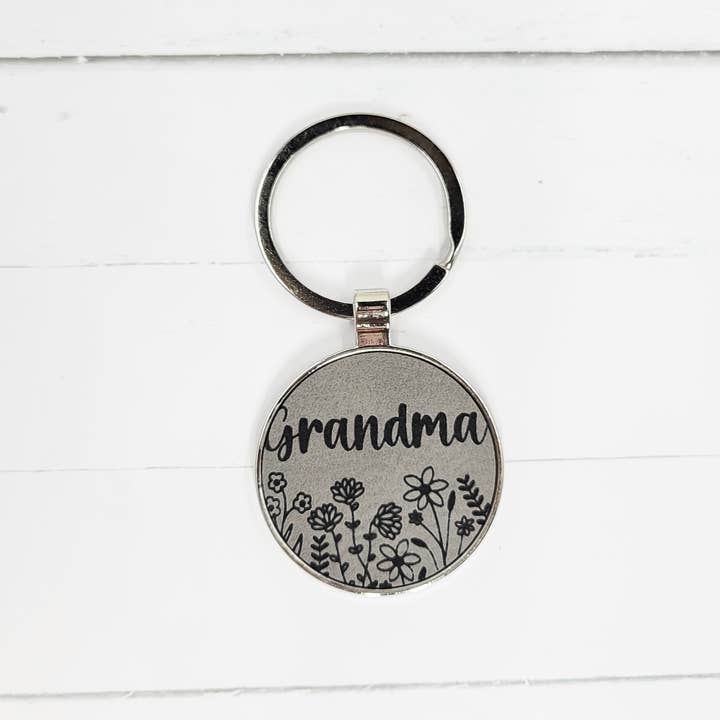 "Grandma" Floral Grey Engraved Leatherette Keychain for wholesale by The Purple Chickadee