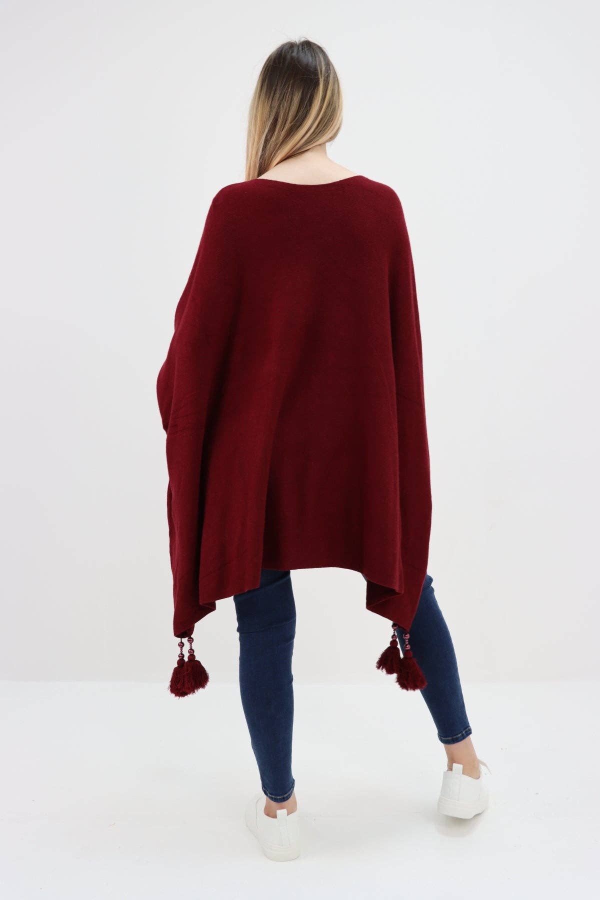 Miss Bold - Wholesale Poncho - Women's - Italian Plain Batwing Sleeves Tassels Tunic Poncho46