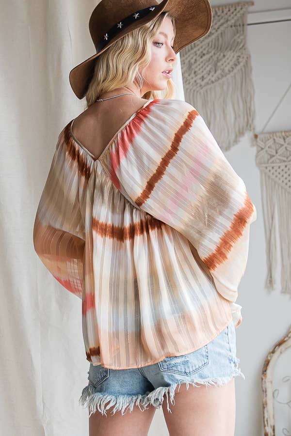 BLUSH CAMEL T1190-1C OUTLET SALE Ombre Lurex Chiffon Babydoll Blouse Top for wholesale on Faire17