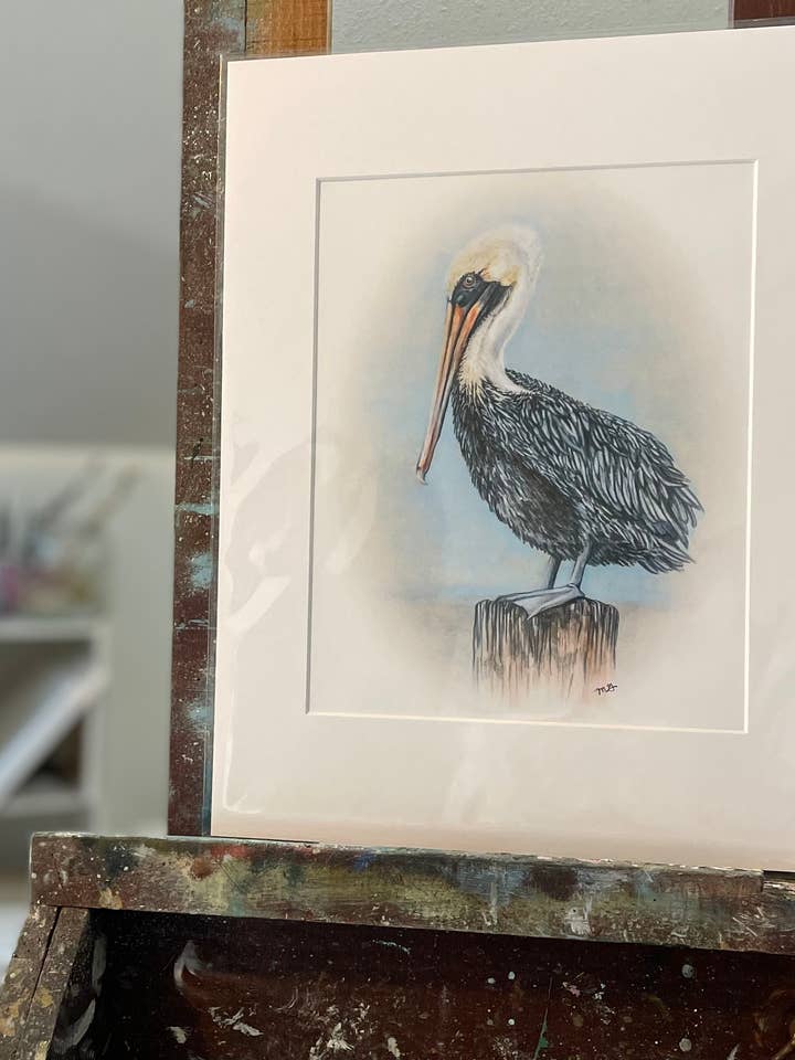 Pelican Piling Art Print for wholesale by Megan Gray Art