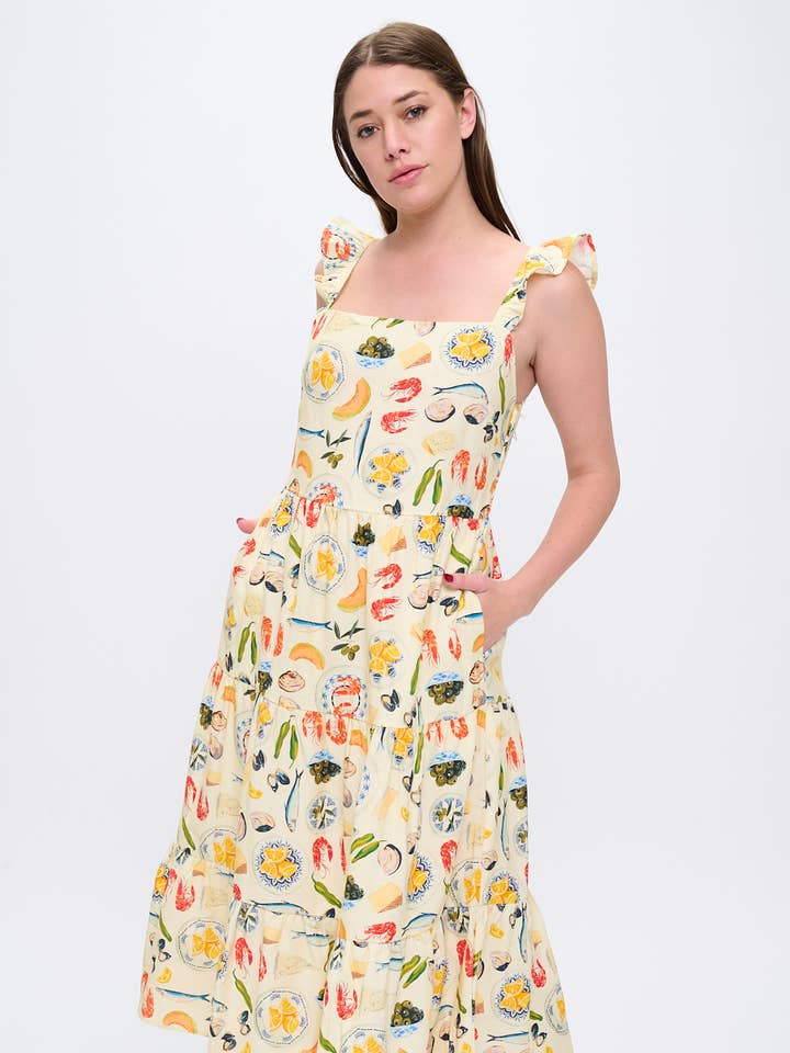 Sommerkjole med print af middelhavsdelikatesser for engroshandel hos SM WARDROBE