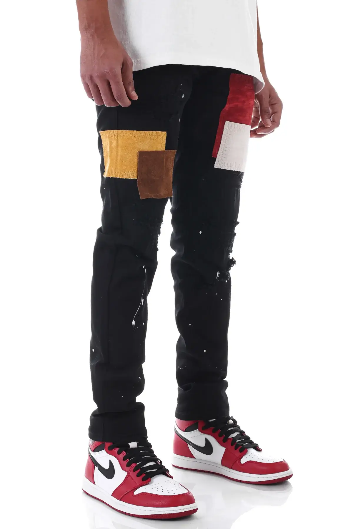 KDNK – calças de ganga - Homem por atacado – CALÇAS DE GANGA EM CAMURÇA COM RETALHOS1