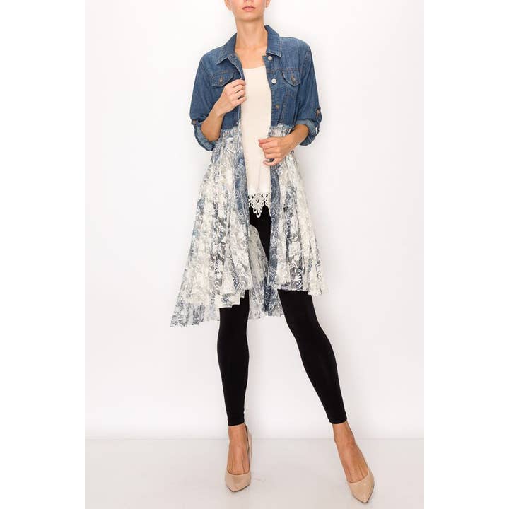 CROPPED DENIM JACKET WITH LACE LAYER-4510 DENIM/M GREY for wholesale by Origami Apparel ~  Lace and Crochet inspired