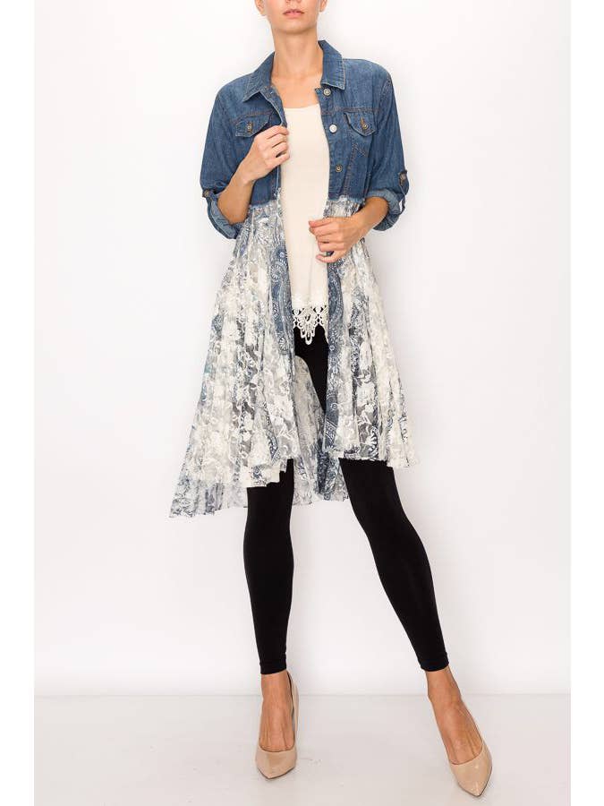 CROPPED DENIM JACKET WITH LACE LAYER-4510 DENIM/M GREY for wholesale on Faire