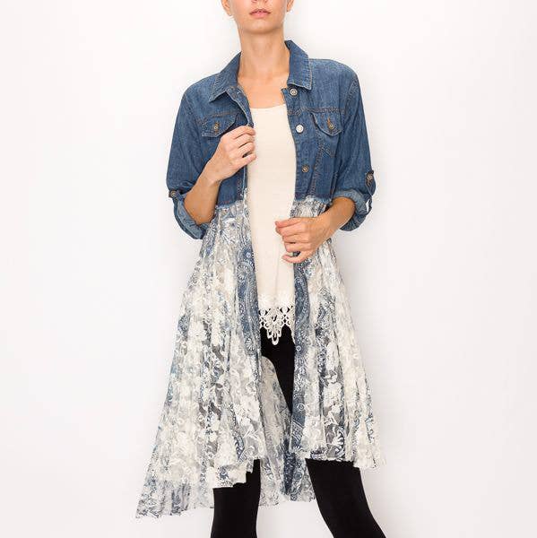 Chic Cropped Denim Lace Layer Jacket- 4510 DENIM/M GREY for wholesale by Origami Apparel ~ Lace and Crochet inspired