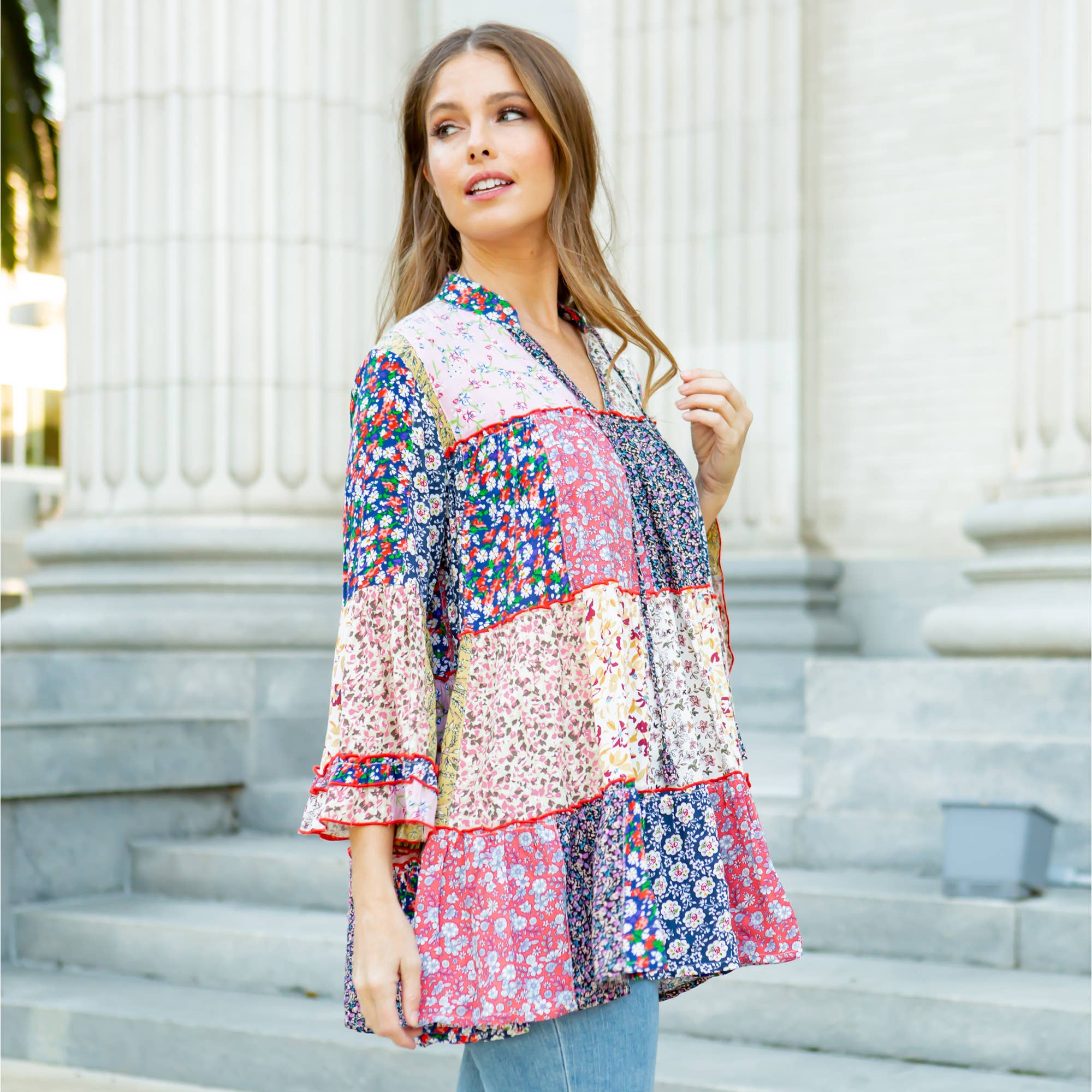 Multicolor Túnica de Patchwork Floral Multicolor Boho con Capas EN TALLA GRANDE de venta al por mayor en Faire8