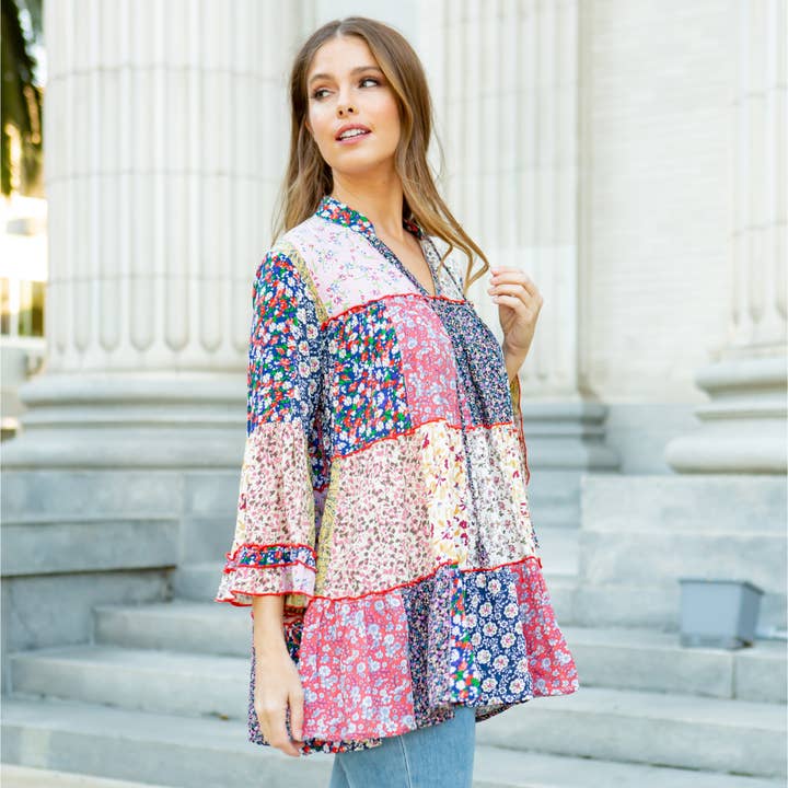 Multicolor Túnica de Patchwork Floral Multicolor Boho con Capas EN TALLA GRANDE de venta al por mayor en Faire8