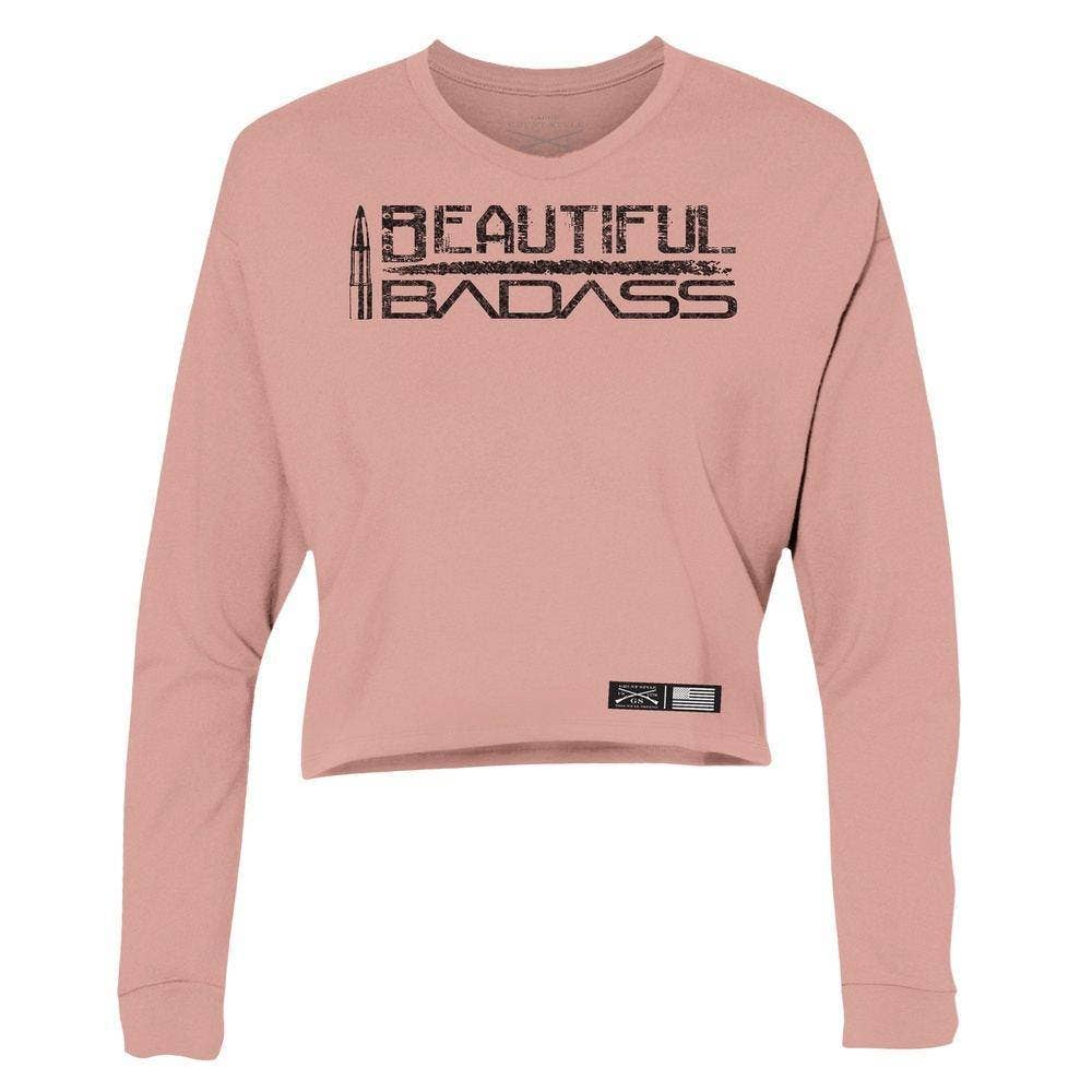 Grunt Style - Wholesale Screen Printed T-Shirt - Women's - Women's Beautiful Badass Long Sleeve Cropped T-Shirt - Desert Pink1