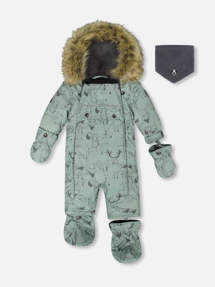 En-delt babyflyverdragt designet til autostol i salvie dyreprint for engroshandel hos Deux par Deux