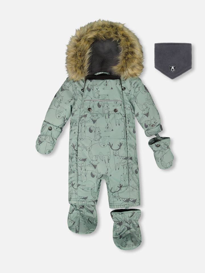 Eendelig baby-sneeuwpak, geschikt voor autostoeltje — saliegroen met dierenprint voor wholesale door Deux par Deux