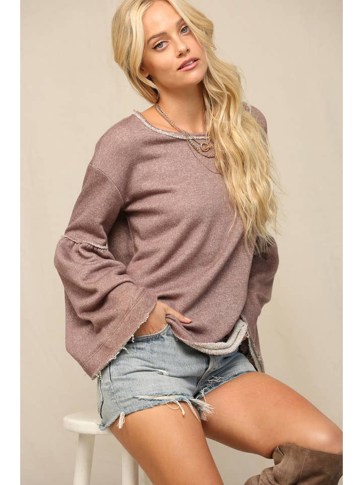 Mocha French Terry Oversized Bell Sleeve Tunic Top for wholesale on Faire6