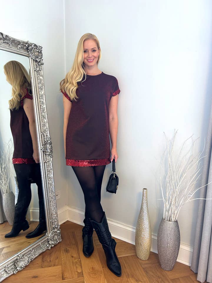 Red Sequin Hem Detail Tunic Dress for wholesale by Marina Kaneva