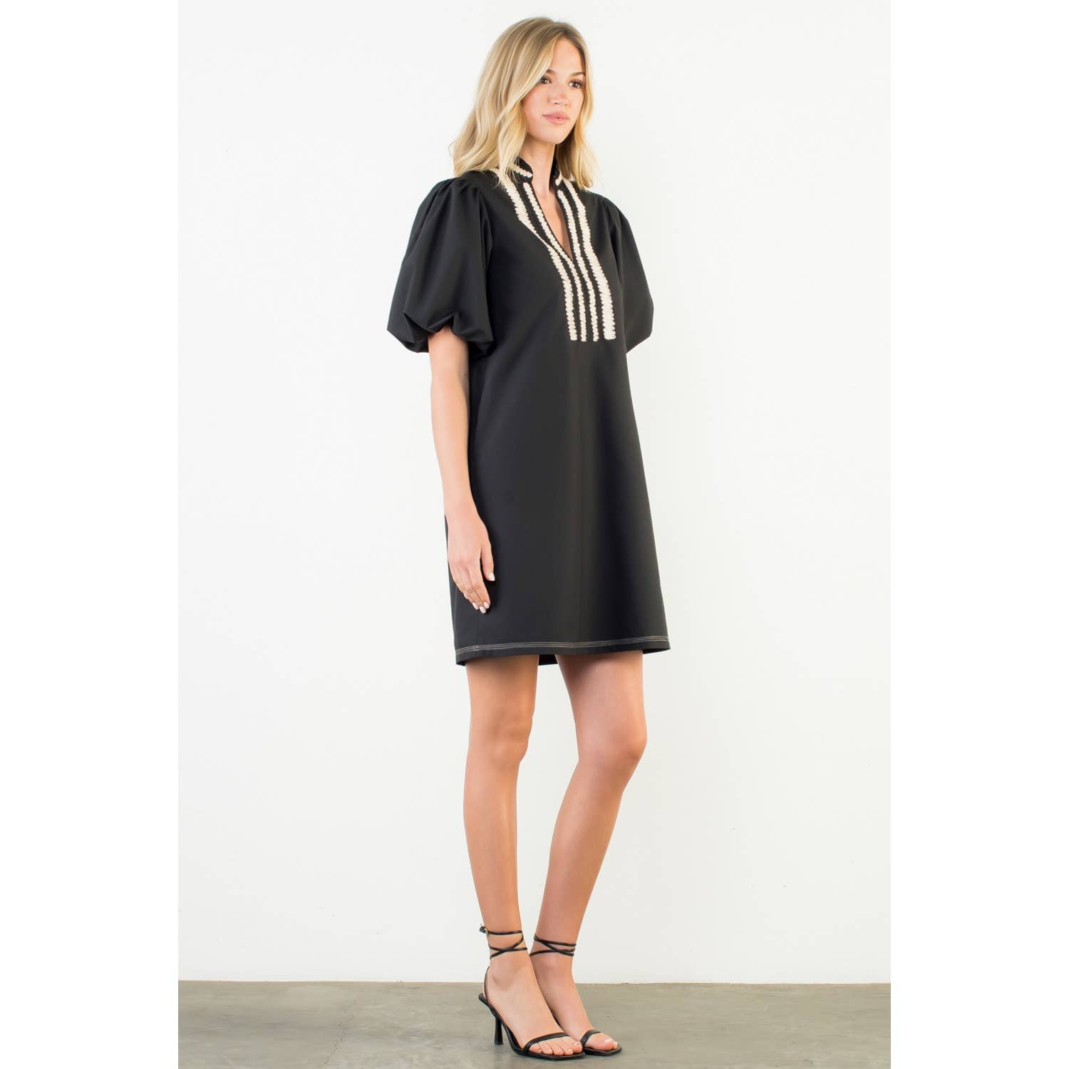 BLACK Puff Sleeve Embroidered Textured Dress for wholesale on Faire5