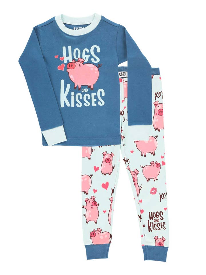 Lazy One - Wholesale Sleepwear Set - Kids - Hogs & Kisses Blue Long Sleeve Pajama Set