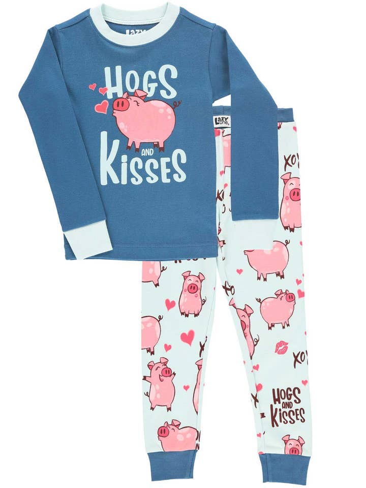 Hogs & Kisses Blue Long Sleeve Pajama Set for wholesale by Lazy One
